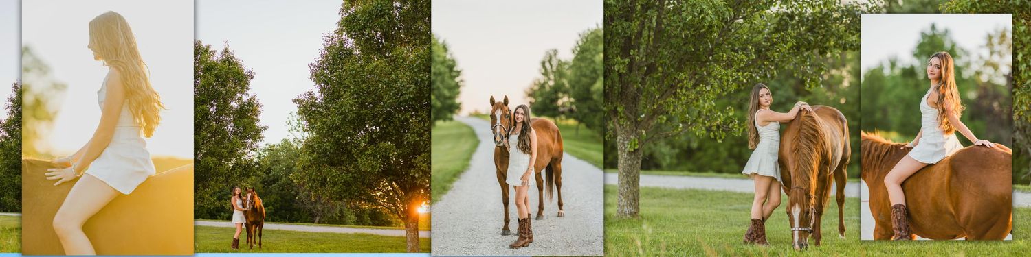 Young woman in white dress poses with a chestnut horse on a sunny tree-lined path during golden hour.
