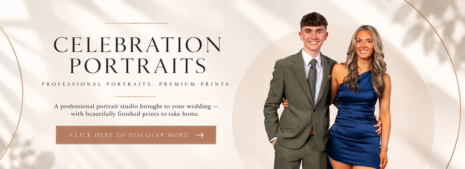Celebration Portraits banner featuring a couple in formal attire beside an elegant framed photo display by Alex Rice Photography.