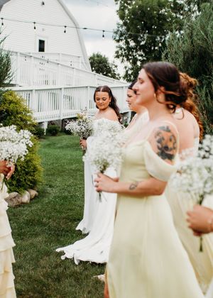 Bridal portraits of bride and bridesmaids walking in front of bride for unique photo in Sherwood,MI