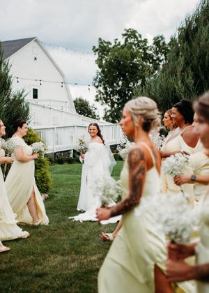 Bridal portraits of bride and bridesmaids walking in front of bride for unique photo in Sherwood,MI