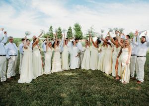 Bride and Groom kissing during portraits with bridesmaids and groomsmen cheering them on In Sherwood,MI
