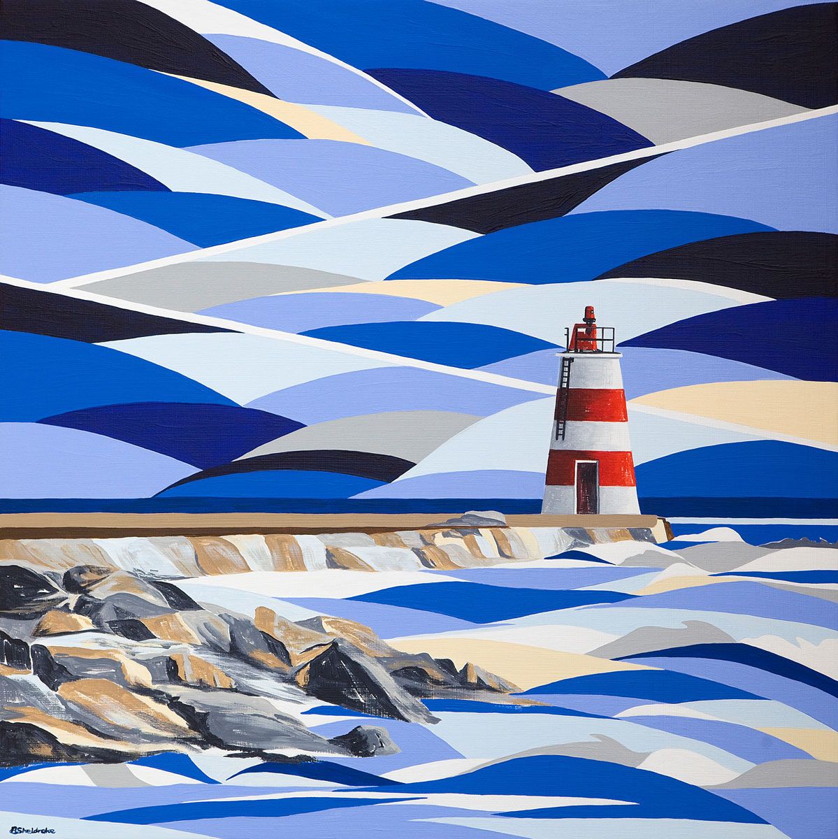 Stylized painting of a red and white lighthouse on rocky shore with bold blue and white wave patterns in the sky.