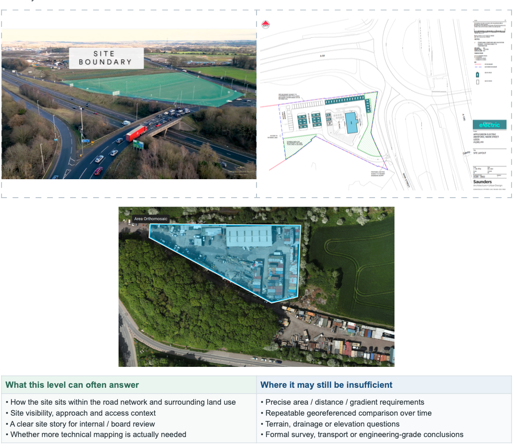 Aerial site boundary map showing road network, land use context, and annotated planning survey images for site analysis.