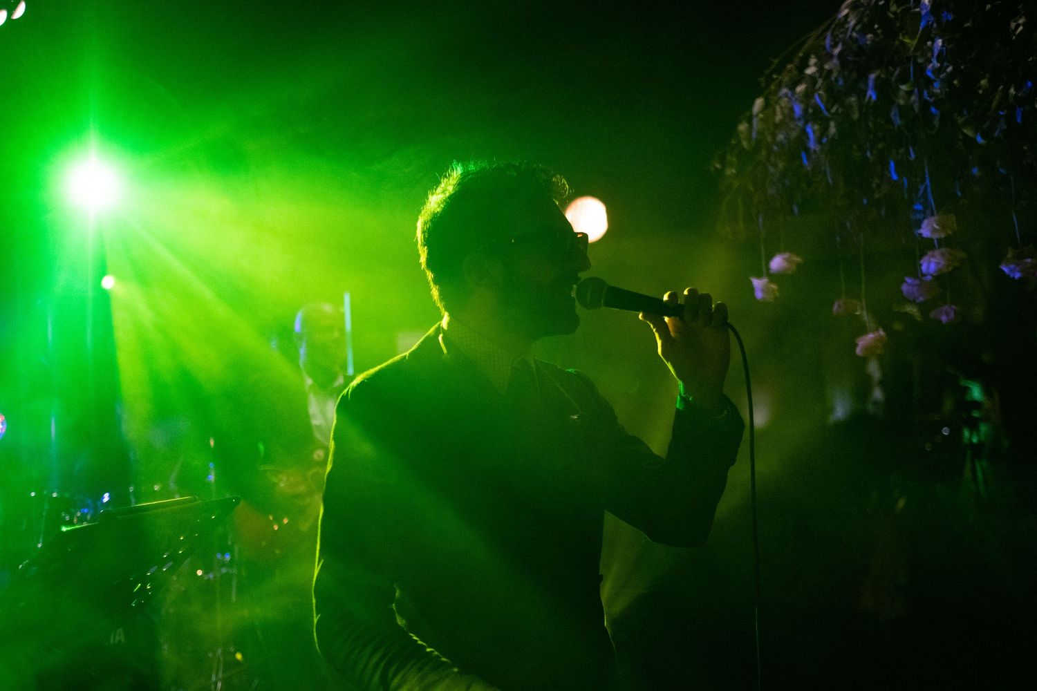Singer performing on stage with dramatic green stage lighting and smoke at a live music concert.