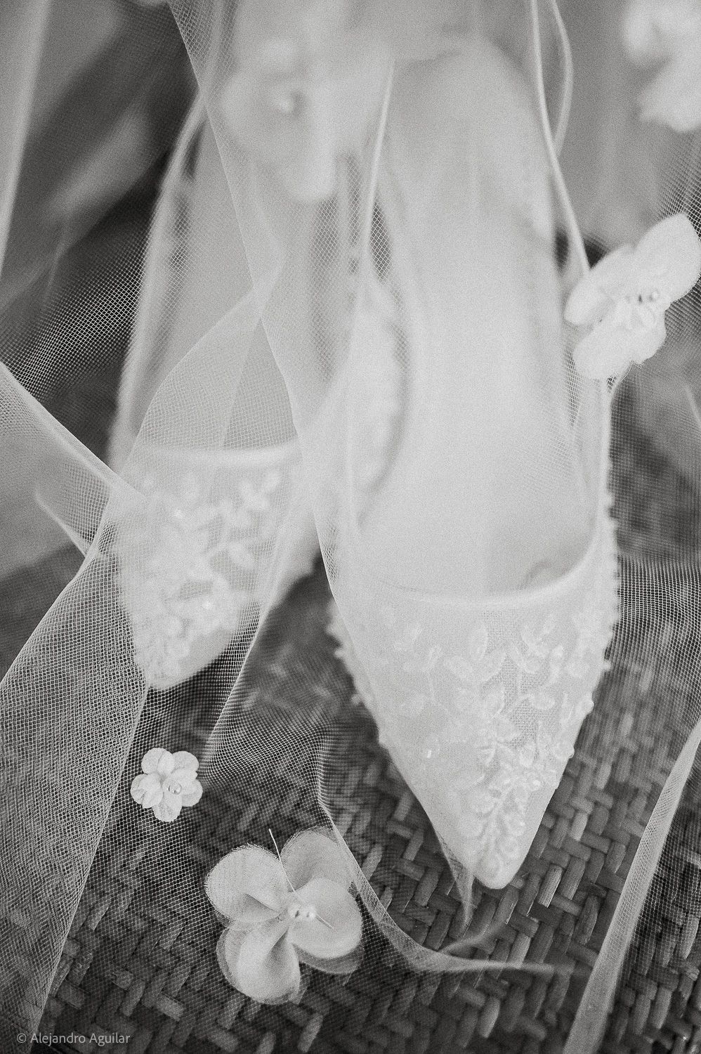 Black and white photo of elegant lace bridal heels with floral details beside a wedding veil and small flowers.