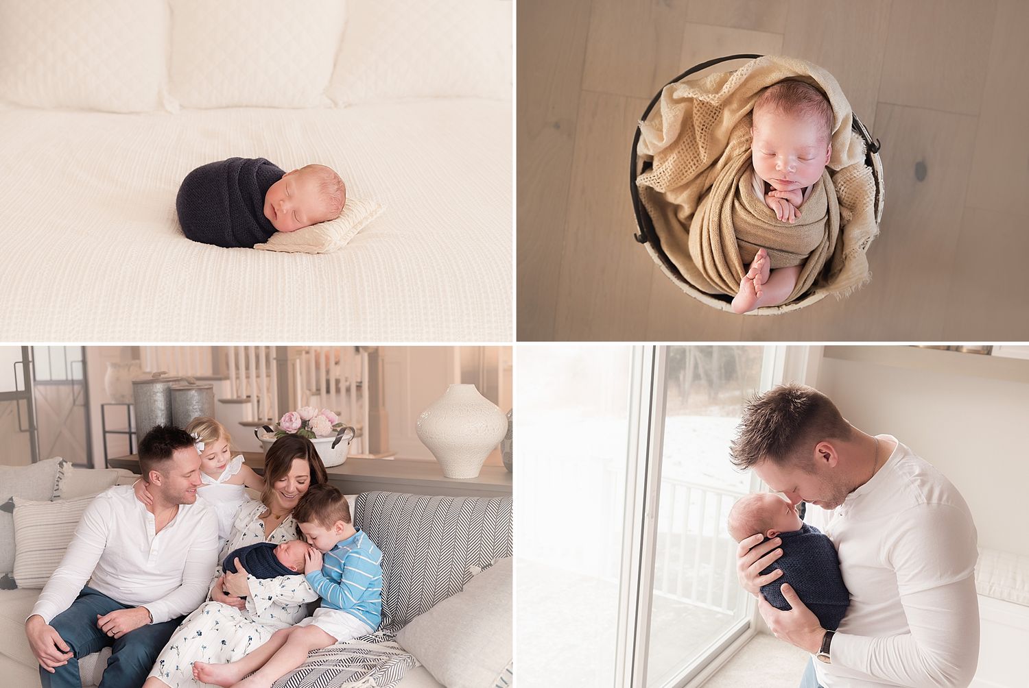 Newborn baby photo collage featuring sleeping infant, baby in bowl, family portrait, and father kissing newborn by window.