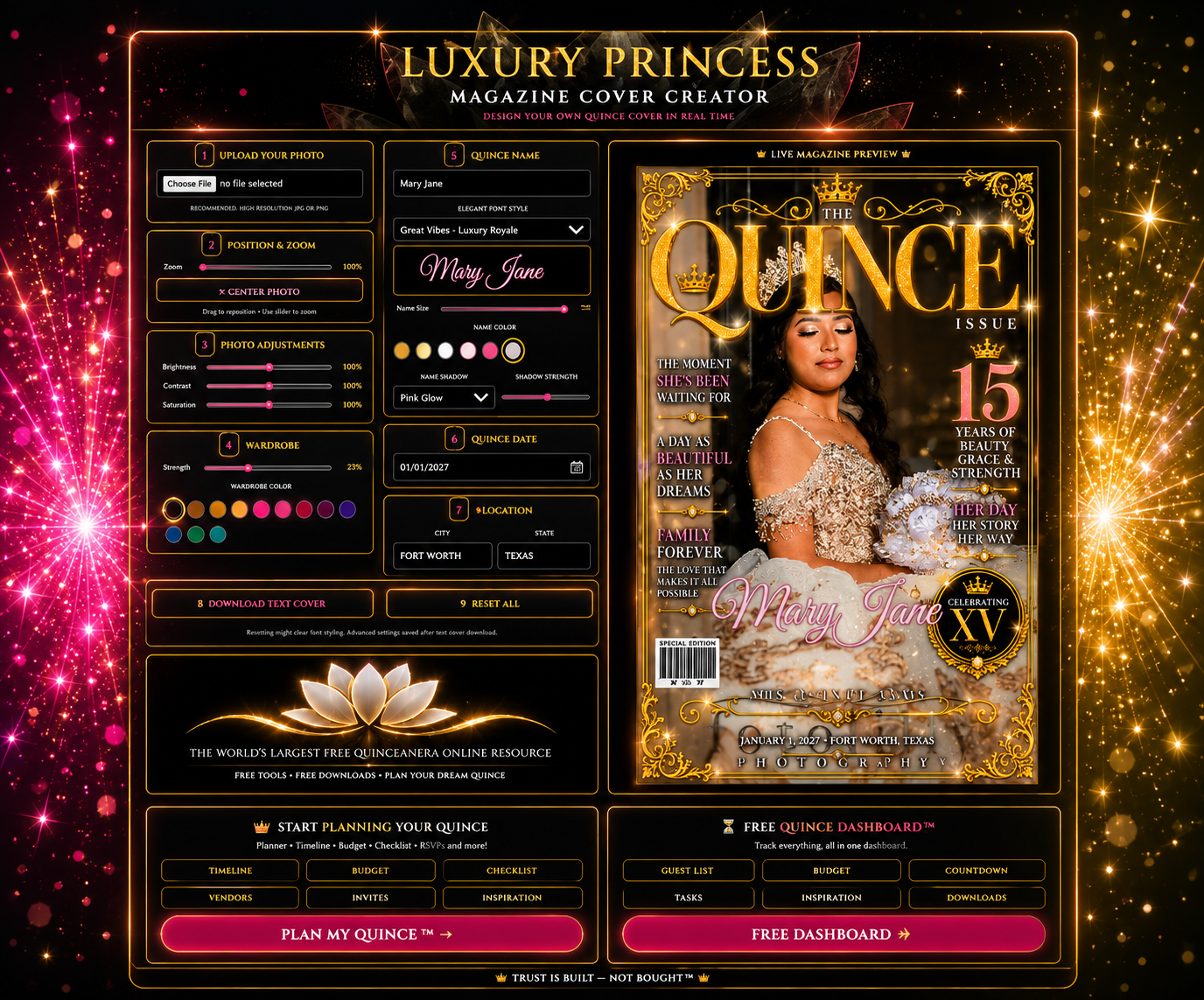 Create Quinceañera magazine covers FREE with Fotolilly using your own Quince photos, XV portraits, poses and photoshoot pictures online