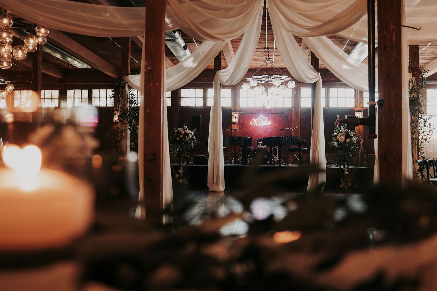 Wide view of Megan and Joel’s Cotton Mill wedding reception