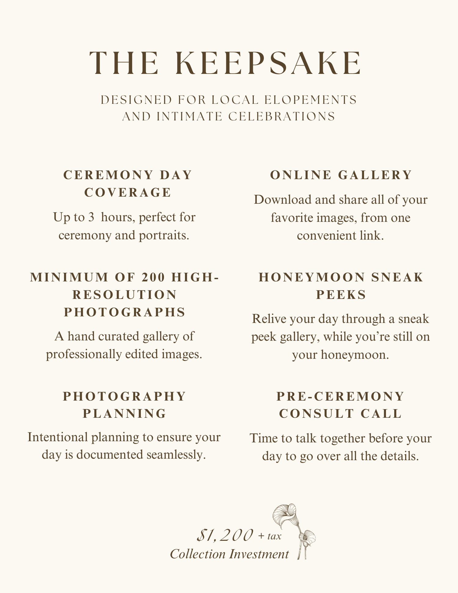 The Keepsake photography package flyer for local elopements, listing ceremony coverage, gallery, and planning for $1,200.