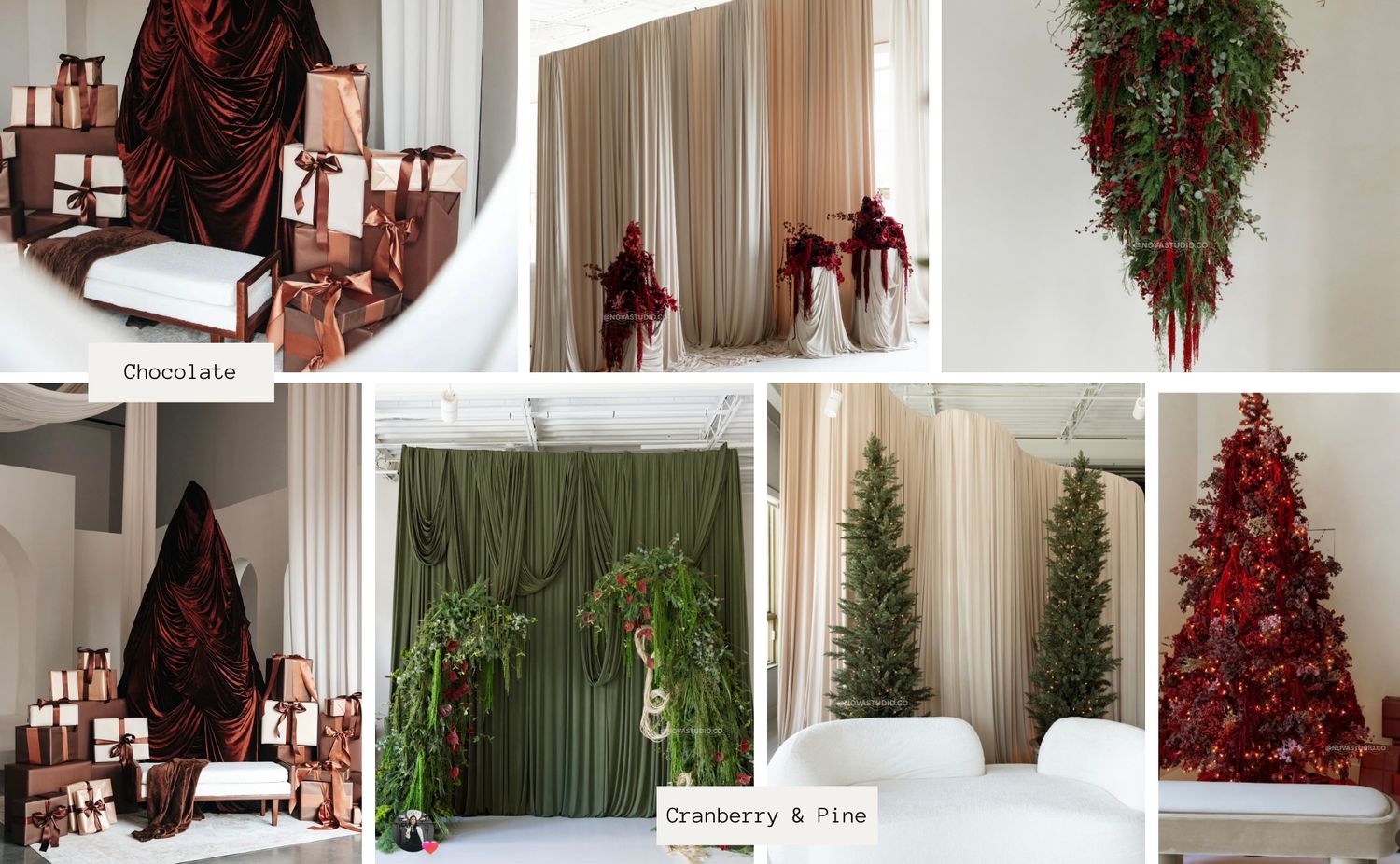 Collage of holiday photo backdrop sets in chocolate and cranberry and pine themes with wrapped gifts, draped fabric, evergreen trees and she