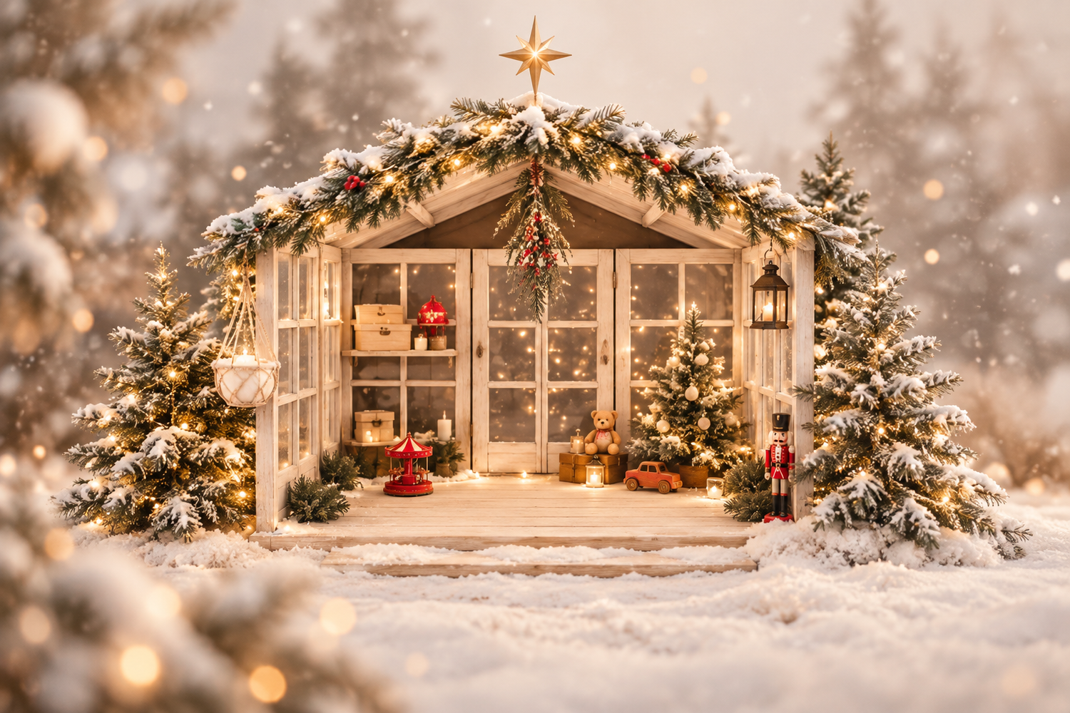 Red and white Christmas decorations with miniature houses on soft focus background.