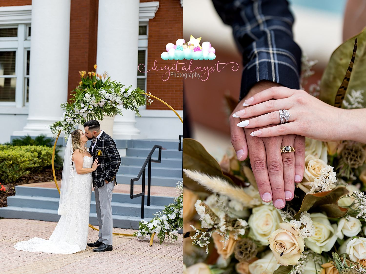 Bride and groom kiss under floral arch, with close-up of wedding rings on bouquet of white roses.