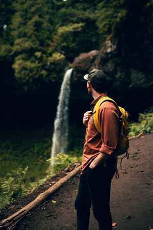 Male hiker with yellow backpack and red shirt views a lush waterfall in a verdant Pacific Northwest forest.
