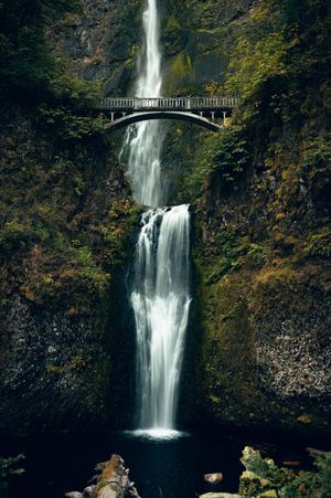 Multnomah Falls cascades down moss-covered basalt cliffs beneath a historic stone bridge in Oregon's Columbia River Gorge.