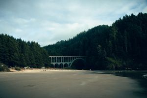 Historic arched bridge spanning a sandy beach cove surrounded by dense evergreen forest under cloudy skies.