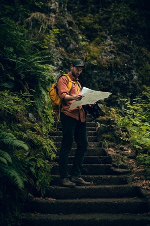 Male hiker with yellow backpack reading a trail map on stone steps surrounded by ferns.