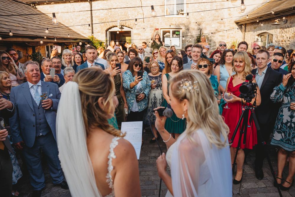 Bride in a veil and bridesmaid in a white dress face a smiling crowd of wedding guests gathered outdoors at a rustic stone venue.