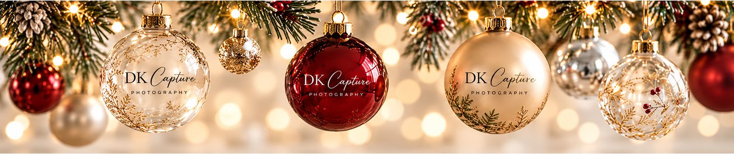 Festive Christmas banner with gold and red ornaments, pine branches, and DK Caplan holiday branding.
