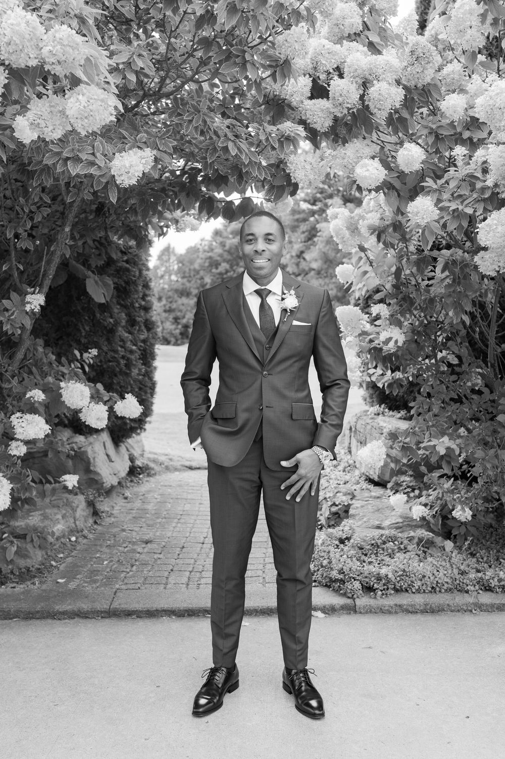 Black and white photo of a smiling groom in a tailored suit and boutonniere standing on a brick path beneath blooming hydrangea bushes.