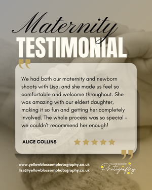 Maternity testimonial from Alice Collins praising Yellow Blossom Photography for comfortable shoots with a 5-star review.