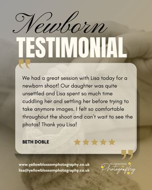 Five-star newborn photography testimonial from Beth Doble praising Lisa at Yellow Blossom Photography for her calming session.