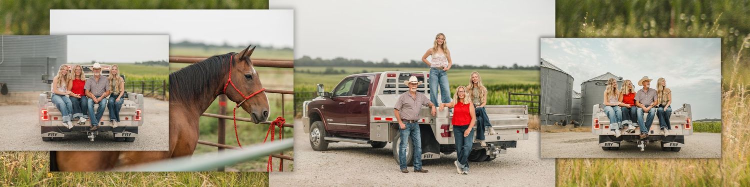 Family photo collage on a ranch showing relatives posing on a red pickup truck, a brown horse by a fence, and a group seated on a tailgate.
