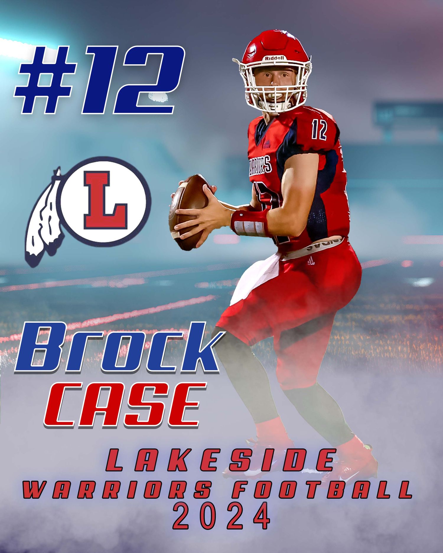 Football player in red uniform with number 12 poses with ball against blurred background with Lakeside Warriors logo.
