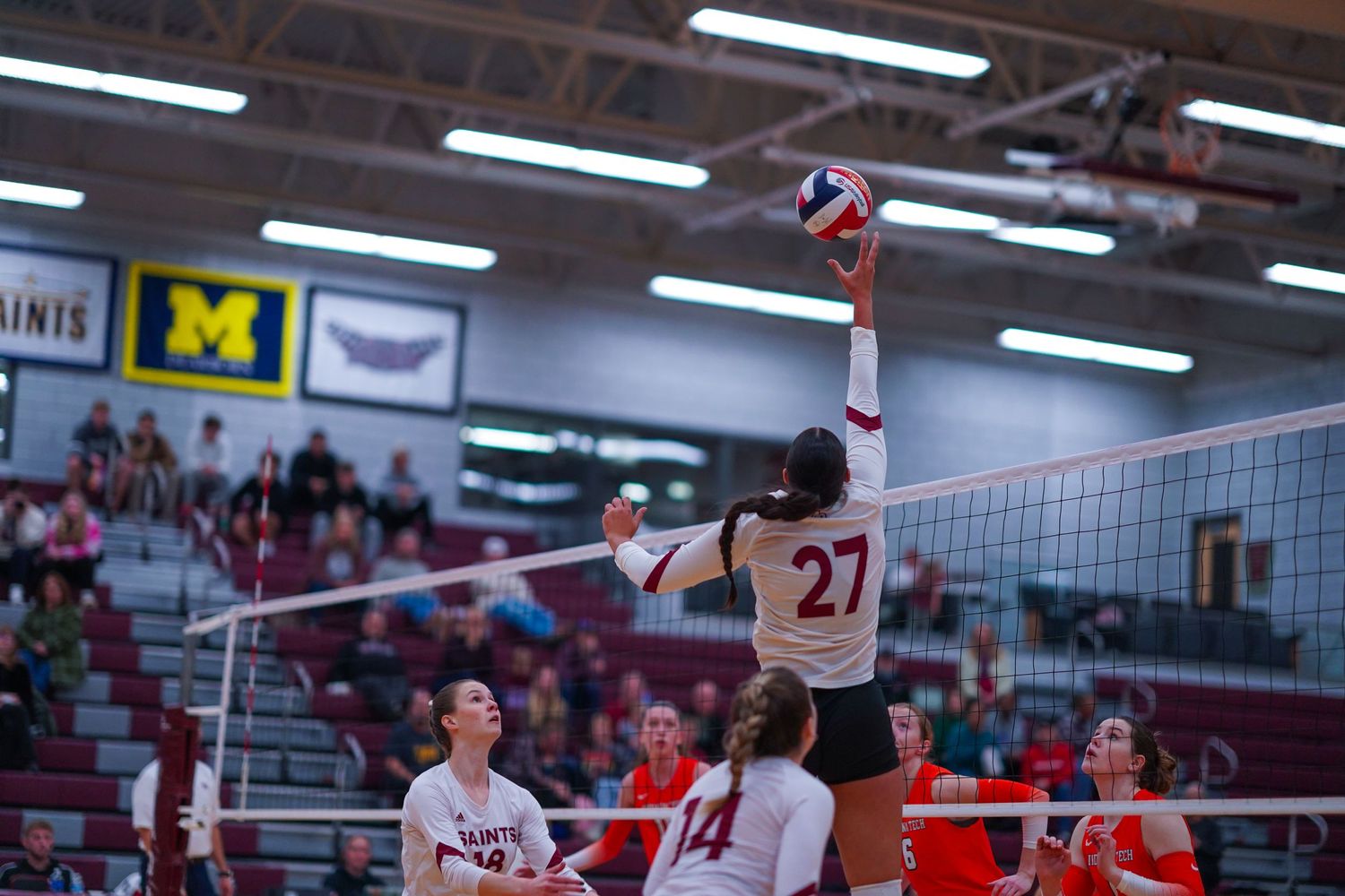 Lydia Harper setting a ball, Aquinas vs Indiana Tech, Sturrus Sports and Fitness Center, Grand Rapids MI, 11/16/24