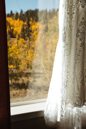 Lace curtain frames a window view of golden aspen trees and evergreens in autumn mountain scenery.