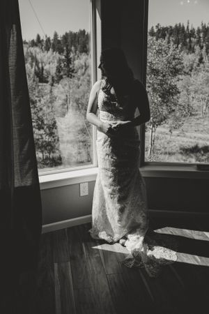 A silhouette stands by a window in a lace dress against a forested mountain backdrop.