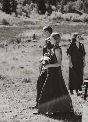 A black and white photo of a wedding party standing in a field with mountains in the background.