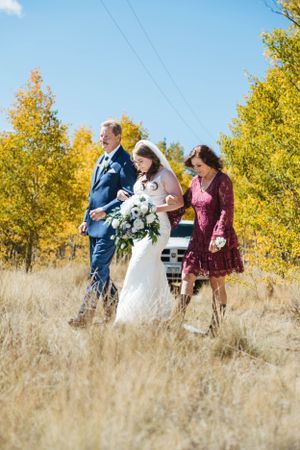 A wedding party walks through a golden autumn field with yellow trees and tall grass on a sunny day.