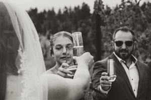 Wedding guests toasting with champagne glasses during an outdoor celebration.