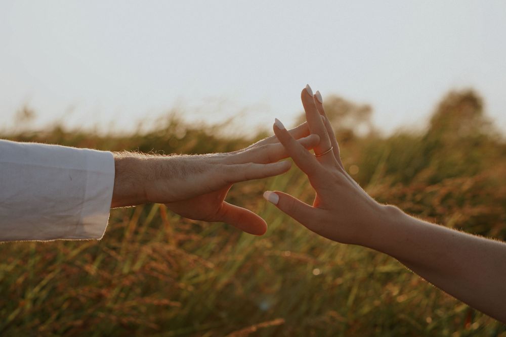 Two hands reaching toward each other at golden hour in a field, symbolizing connection and romance.