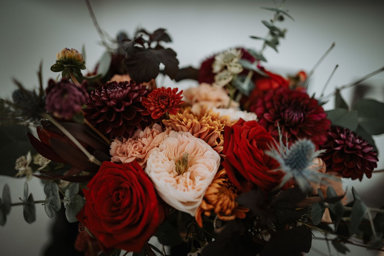 Moody floral arrangement featuring dark red and blush pink roses with eucalyptus leaves in dramatic lighting.