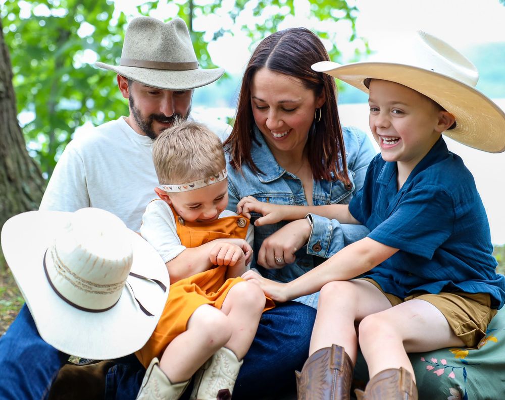 A series of candid outdoor family moments showing people interacting and enjoying time together in nature.