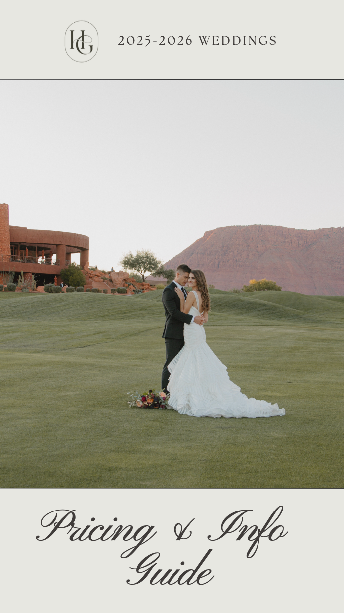 Romantic wedding couple embraces on a scenic golf course with red rock mountains in the desert background.