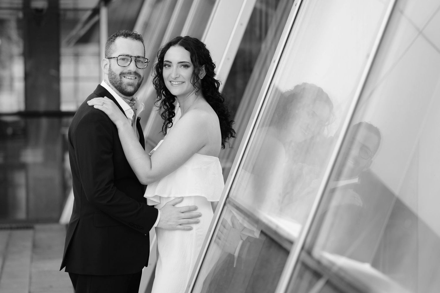 Beautiful couple during their wedding reception at the Akron Museum of Art photographed by Tom Forrest Photography of Hudson, Ohio.