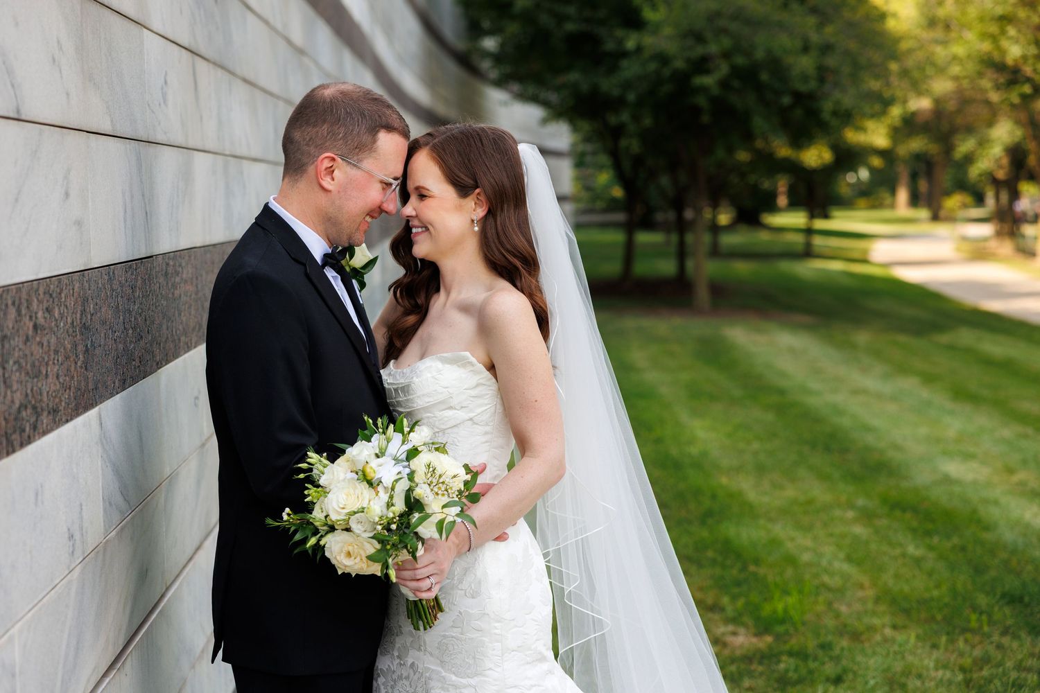 Bride and groom outside Cleveland Museum of Art photographed by Tom Forrest Photography of Hudson, Ohio.