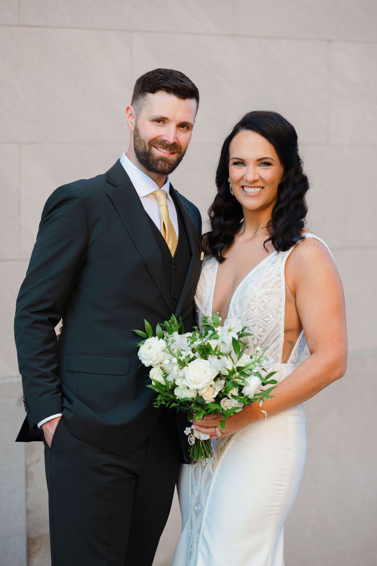 Classic wedding portrait outside Historic Onesto in Canton photographed by Tom Forrest Photography of Hudson, Ohio.