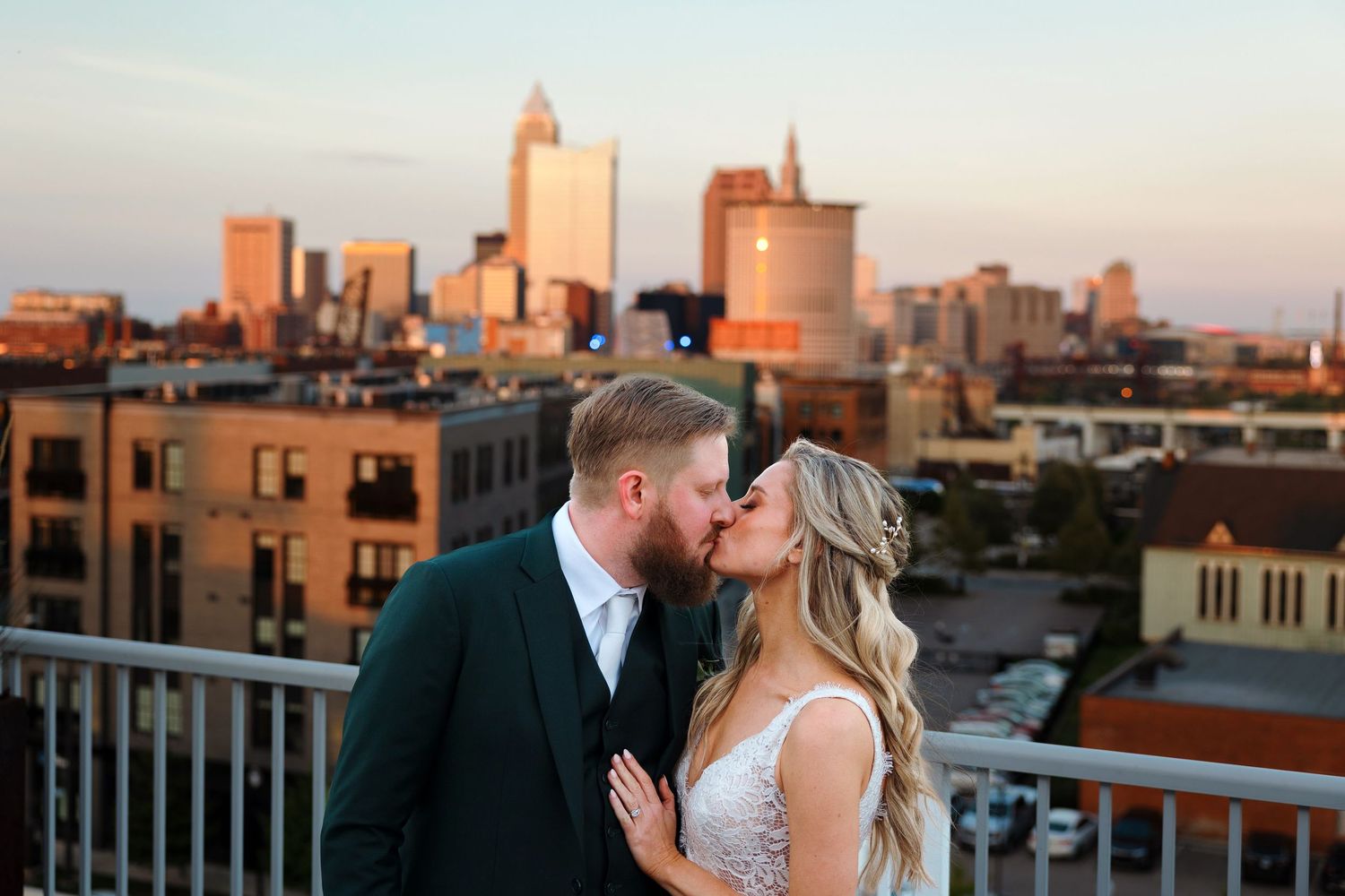 Bride and groom on rooftop at The Lantern Room photographed by Tom Forrest Photography of Hudson, Ohio.