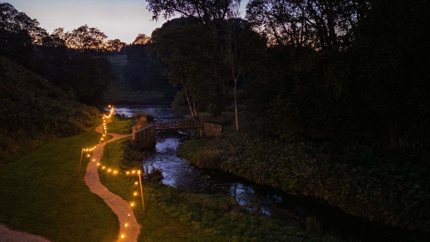 A panoramic nighttime view of a winding road illuminated by string lights through a dark wooded area.