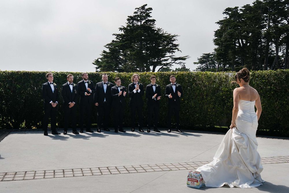 A series of wedding photos showing groomsmen and a bride in formal attire at an outdoor garden venue.