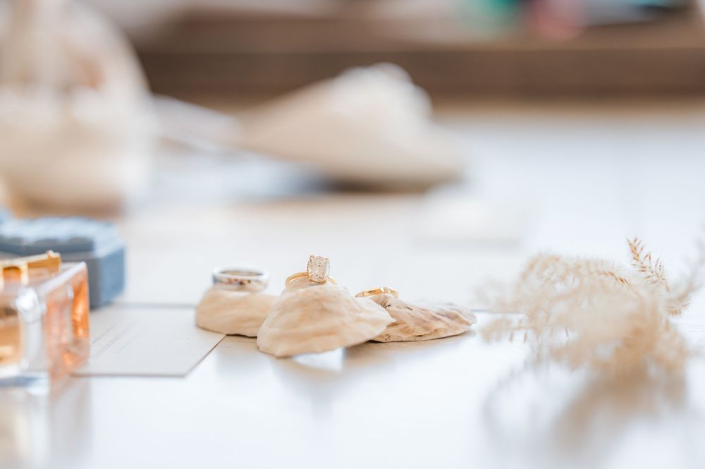 Blurred background with soft focus on white and beige elements creating an abstract composition.