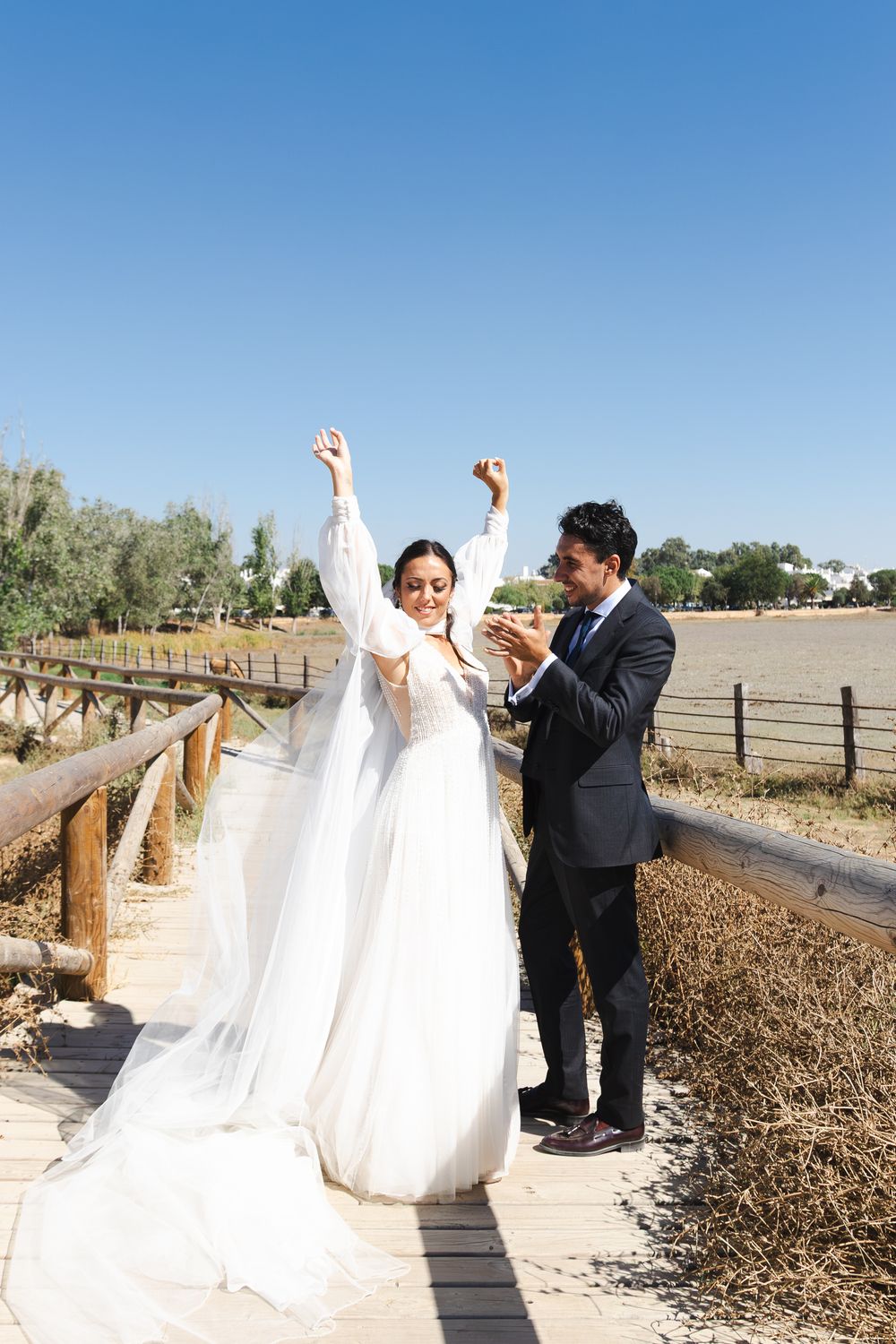 A sequence of photos showing a couple on a pathway during an outdoor wedding ceremony.