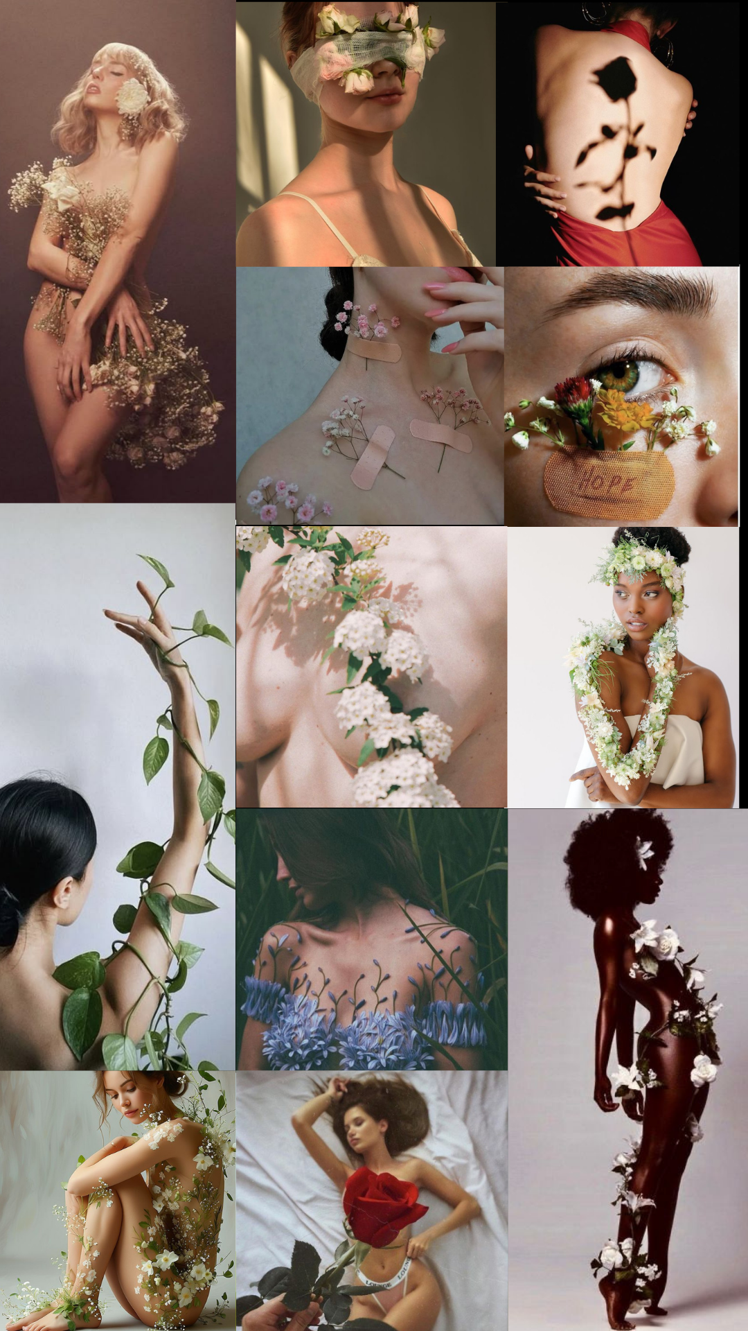 Artistic photo series featuring delicate floral arrangements with white roses and green foliage in ethereal lighting.