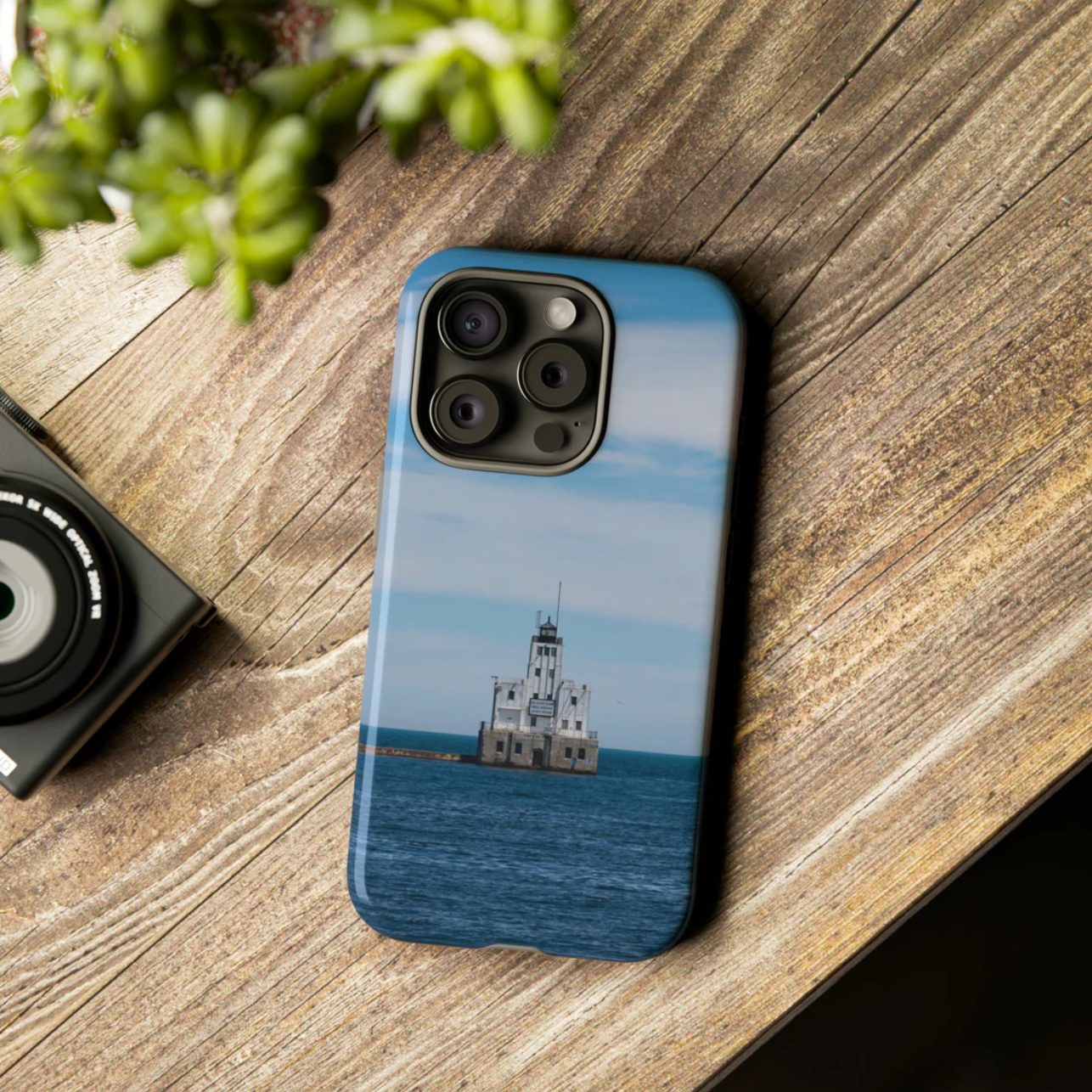 Unique phone cases with Michigan lighthouse with blue water & sky. Sold by Leah Ramuglia Photography