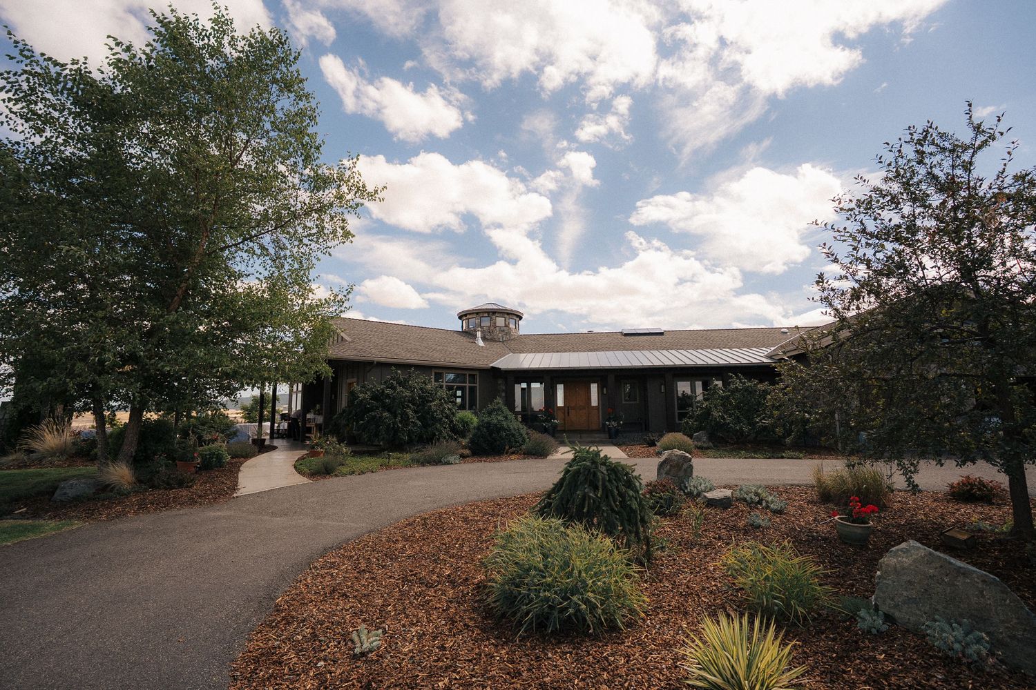 A panoramic series of landscape shots showing a curved path through trees and bushes under a cloudy sky.
