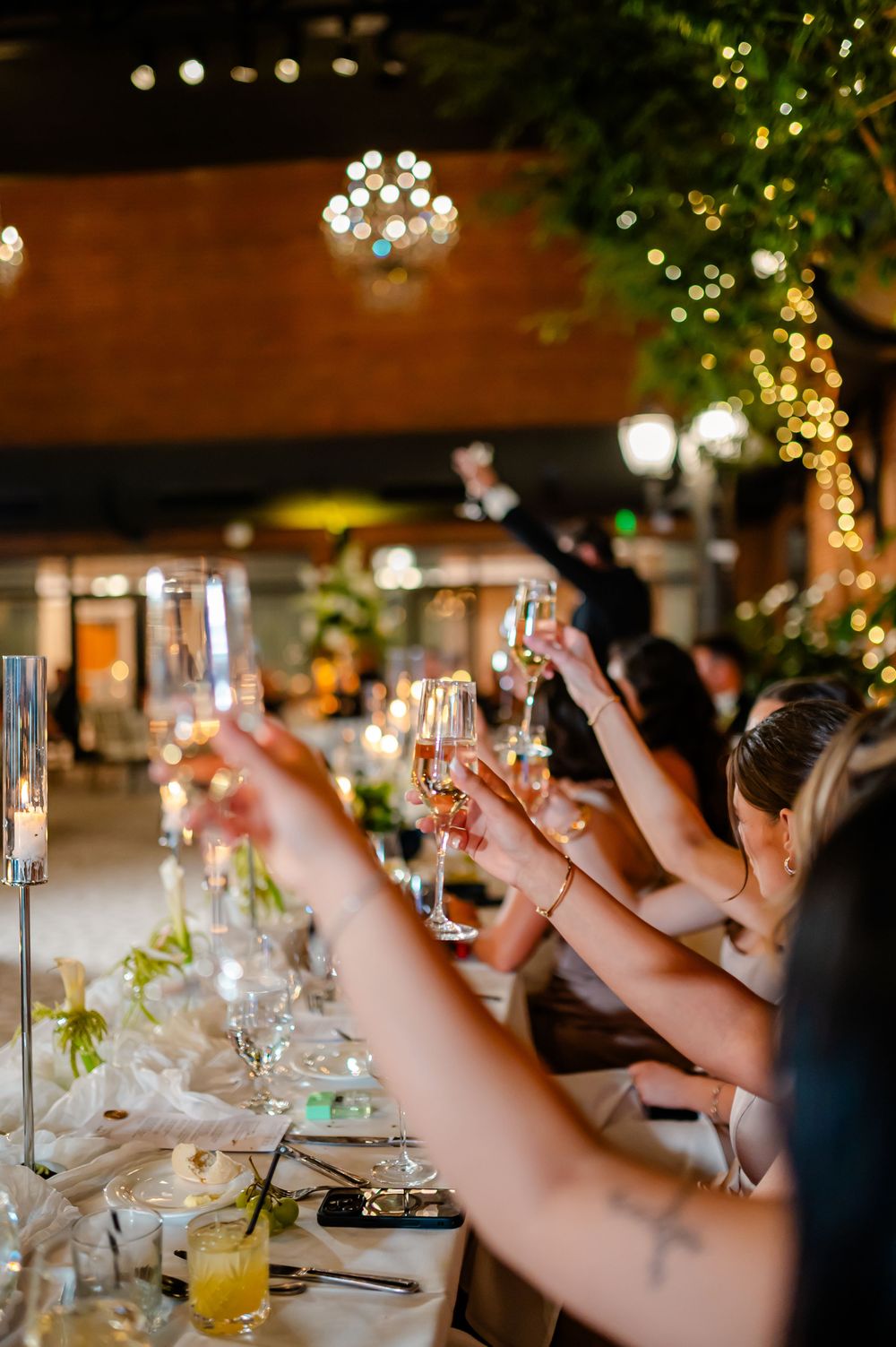 Wedding guests raise their glasses in a toast during an evening reception with twinkling lights in the background.