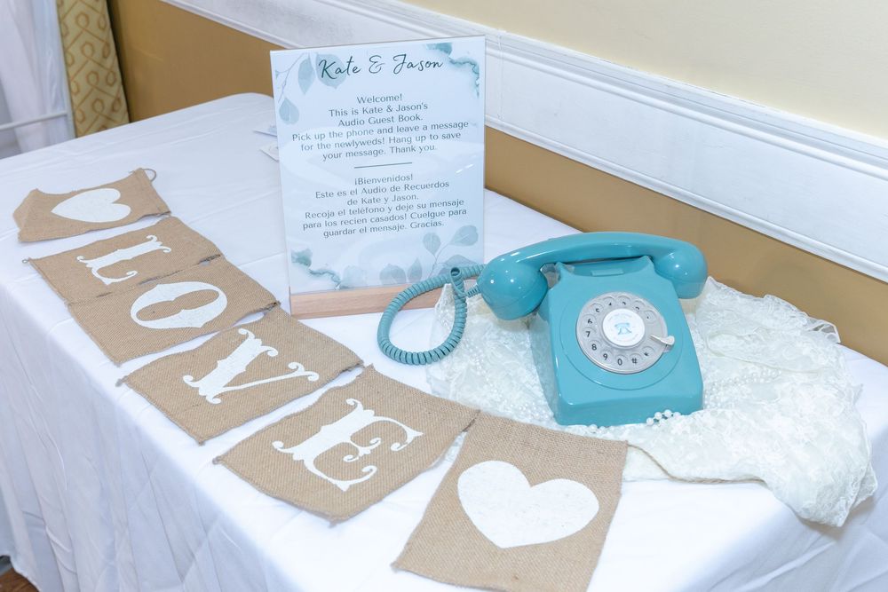 a blue rotary phone at up at a wedding